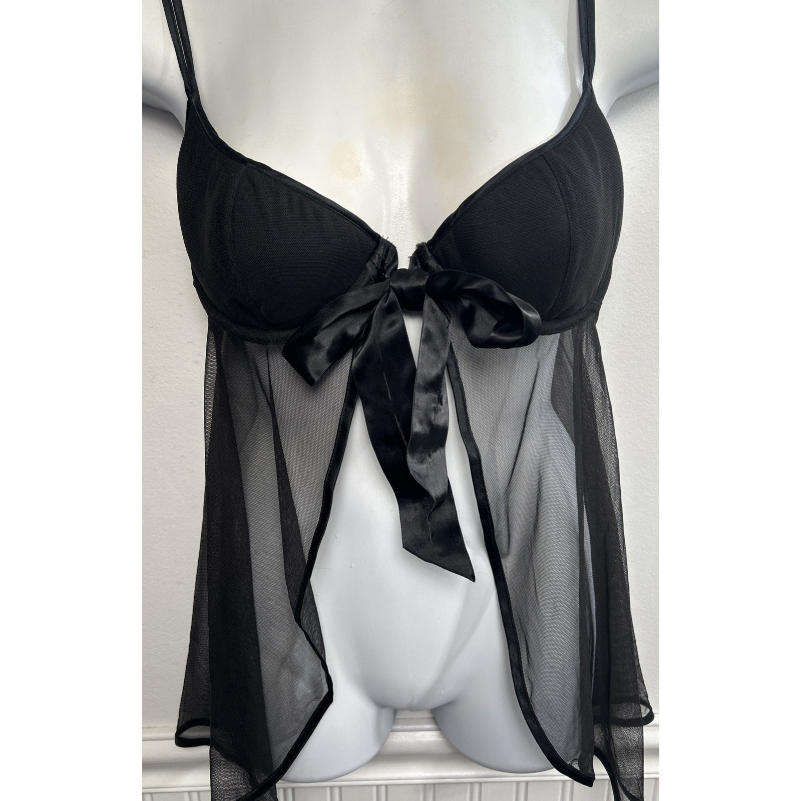 Victoria’s Secret Sheer Lace Tie Front Babydoll Camisole M Black Mesh Lingerie